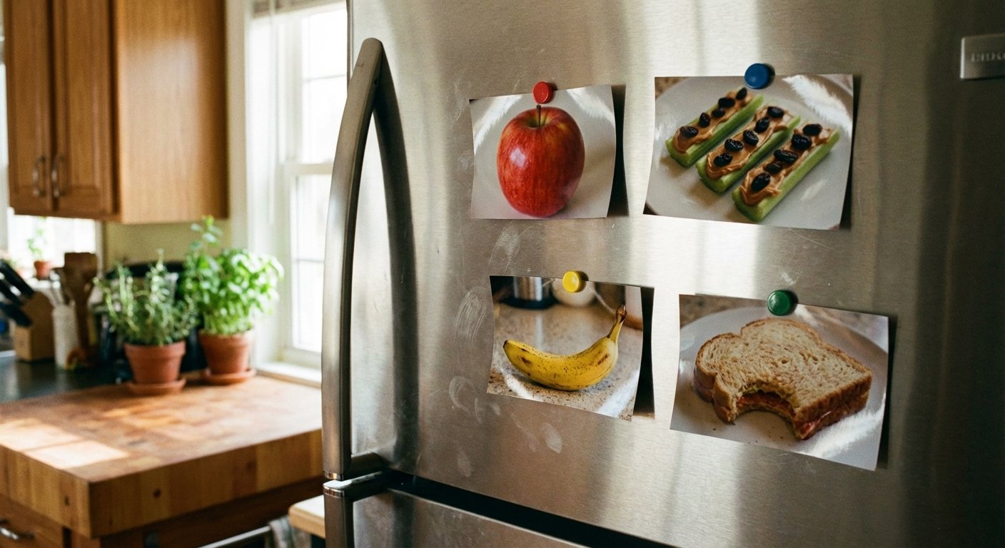 Printed food photos on refrigerator with magnets